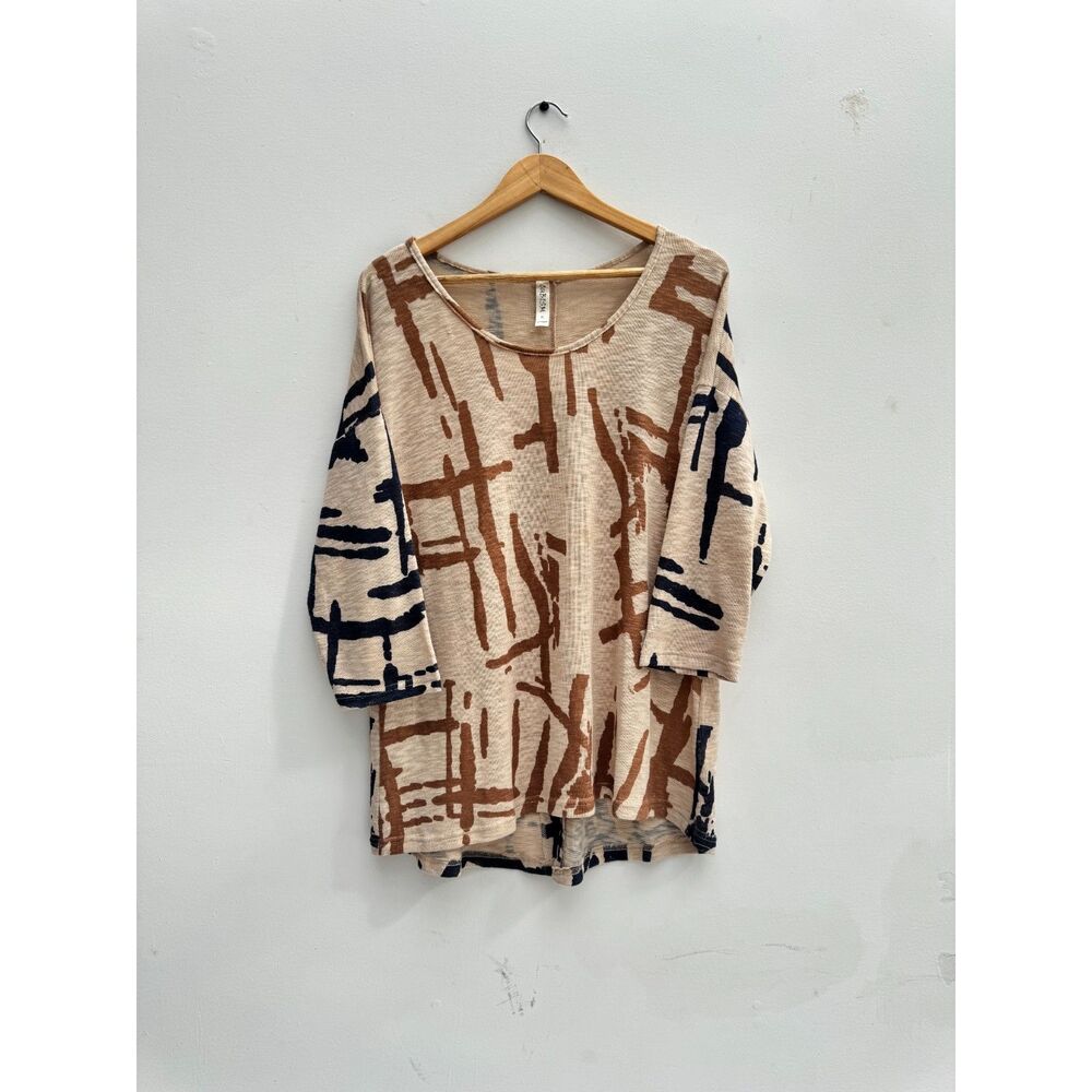 Cubism XL Rust Navy Abstract Brushstroke Print Knit Tunic Top High Low